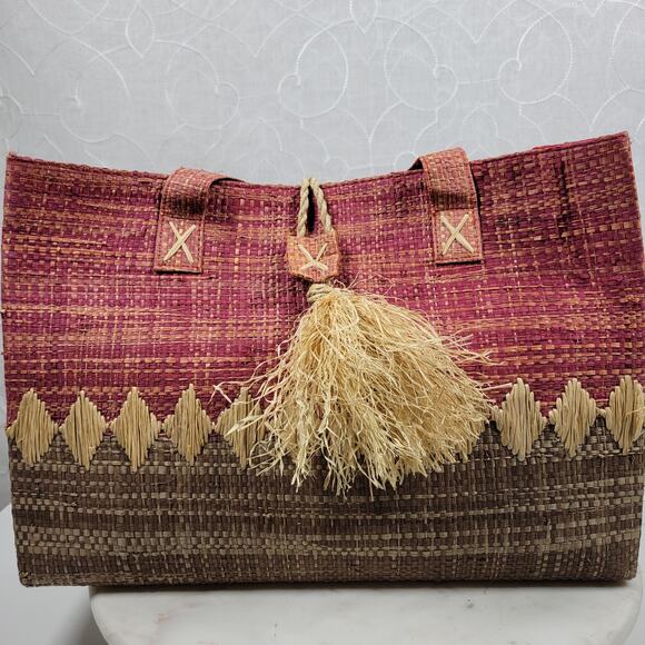 Crossing Pointe Raffia Beach Bag 14" Pink Brown Colorblock Tan Straw Diamond - Picture 16 of 16